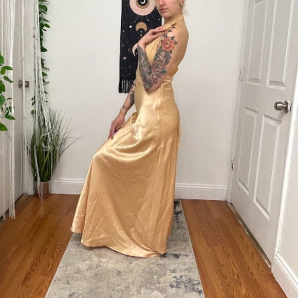 Y2K Vintage Rhinestone Satin Halter Prom Maxi Dress Sleeveless Size M Gold - Picture 7 of 14